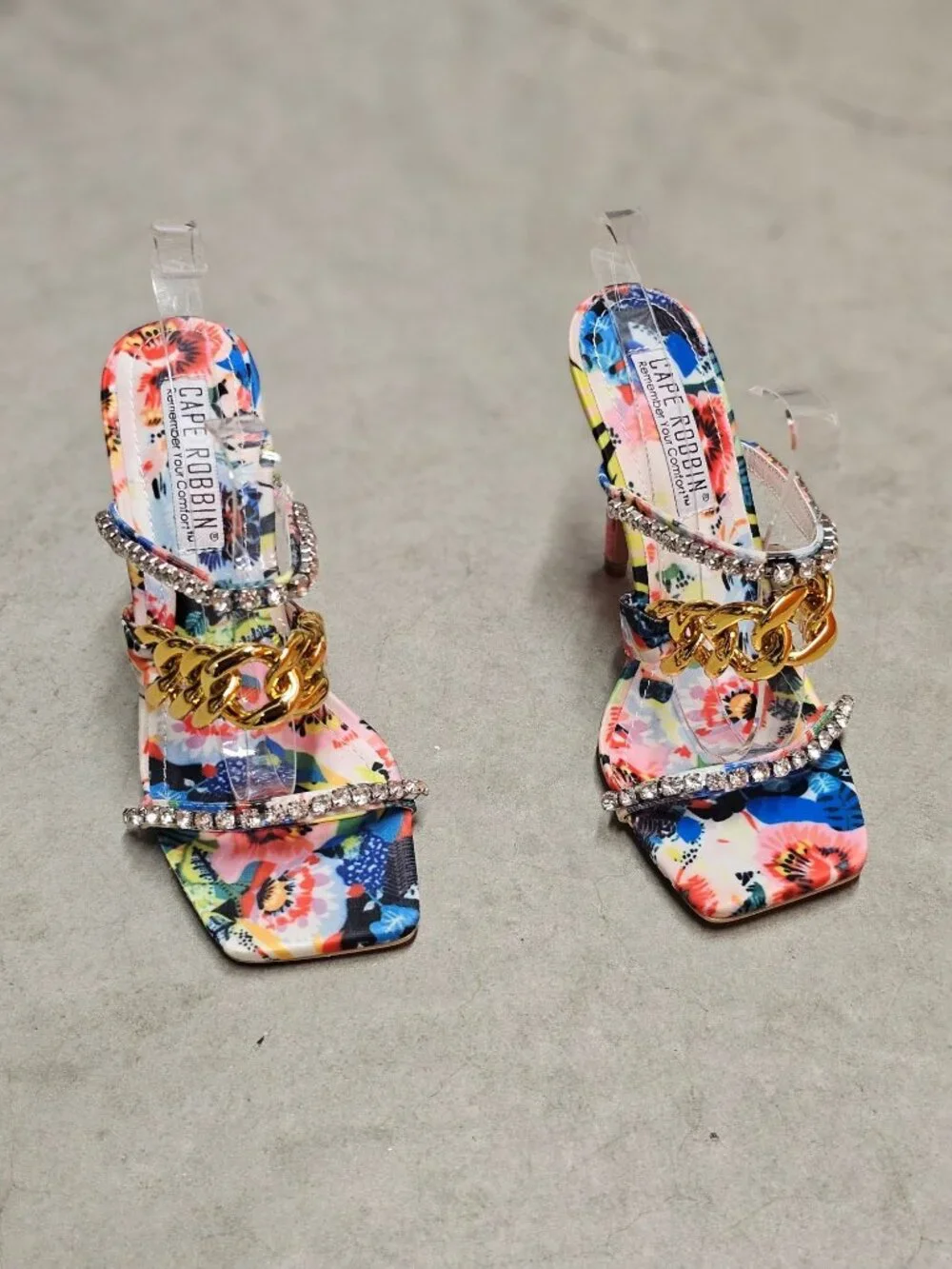 Floral Open-Toe High Heels With Rhinestone & Gold Chain Straps Multicolor Womens - Picture 12 of 14